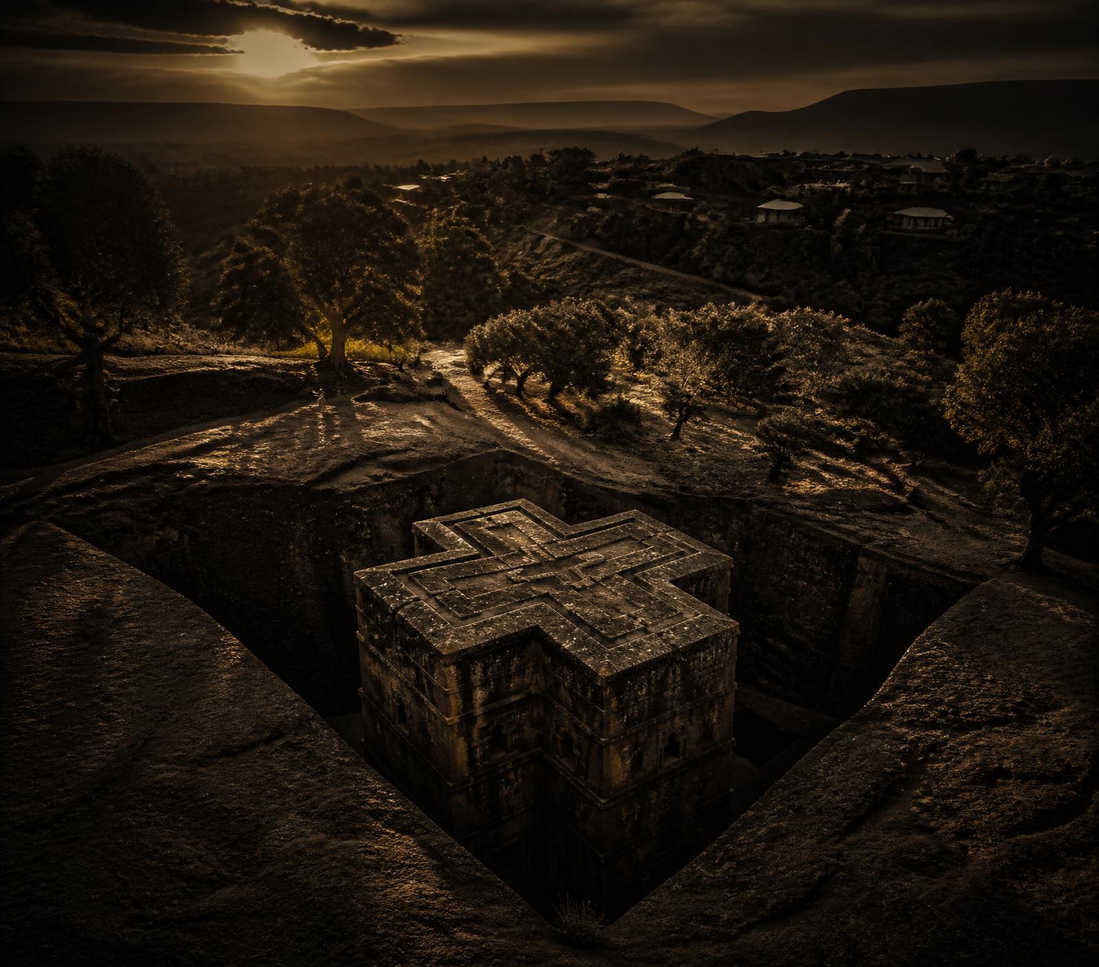 Lalibela rock-hewn church at golden hour